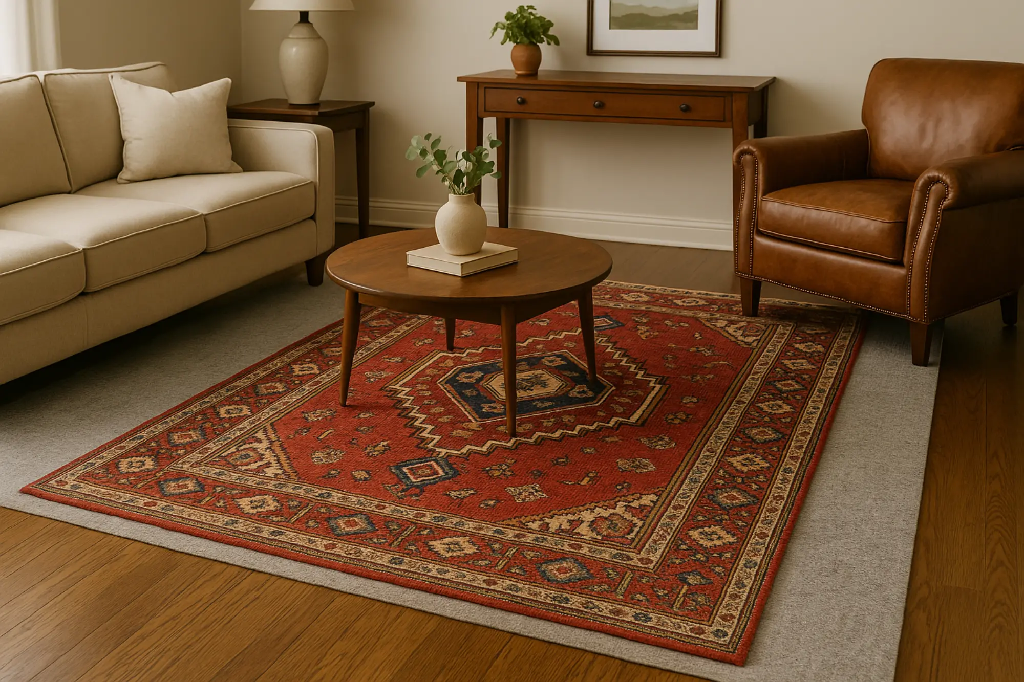 A luxurious living room with dark hardwood floors featuring a layered rug setup—an elegant gray rug pad beneath a vibrant red Persian geometric rug—centered under a small round wooden coffee table, with a beige sofa and leather armchair completing the upscale, inviting space