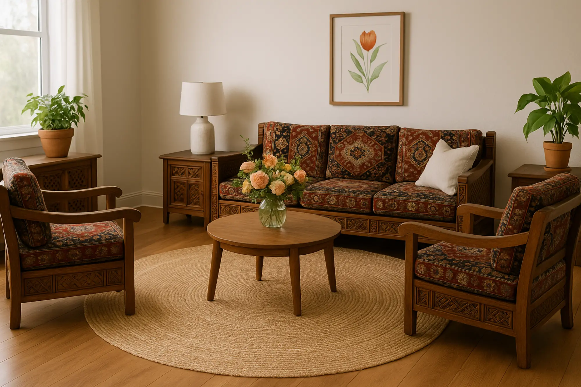 A bright living room featuring a large round jute rug as the centerpiece, surrounded by traditional Persian-style wooden furniture with richly patterned upholstery, complemented by modern spring decor including potted plants, floral artwork, and a fresh flower arrangement on a central wooden coffee table.