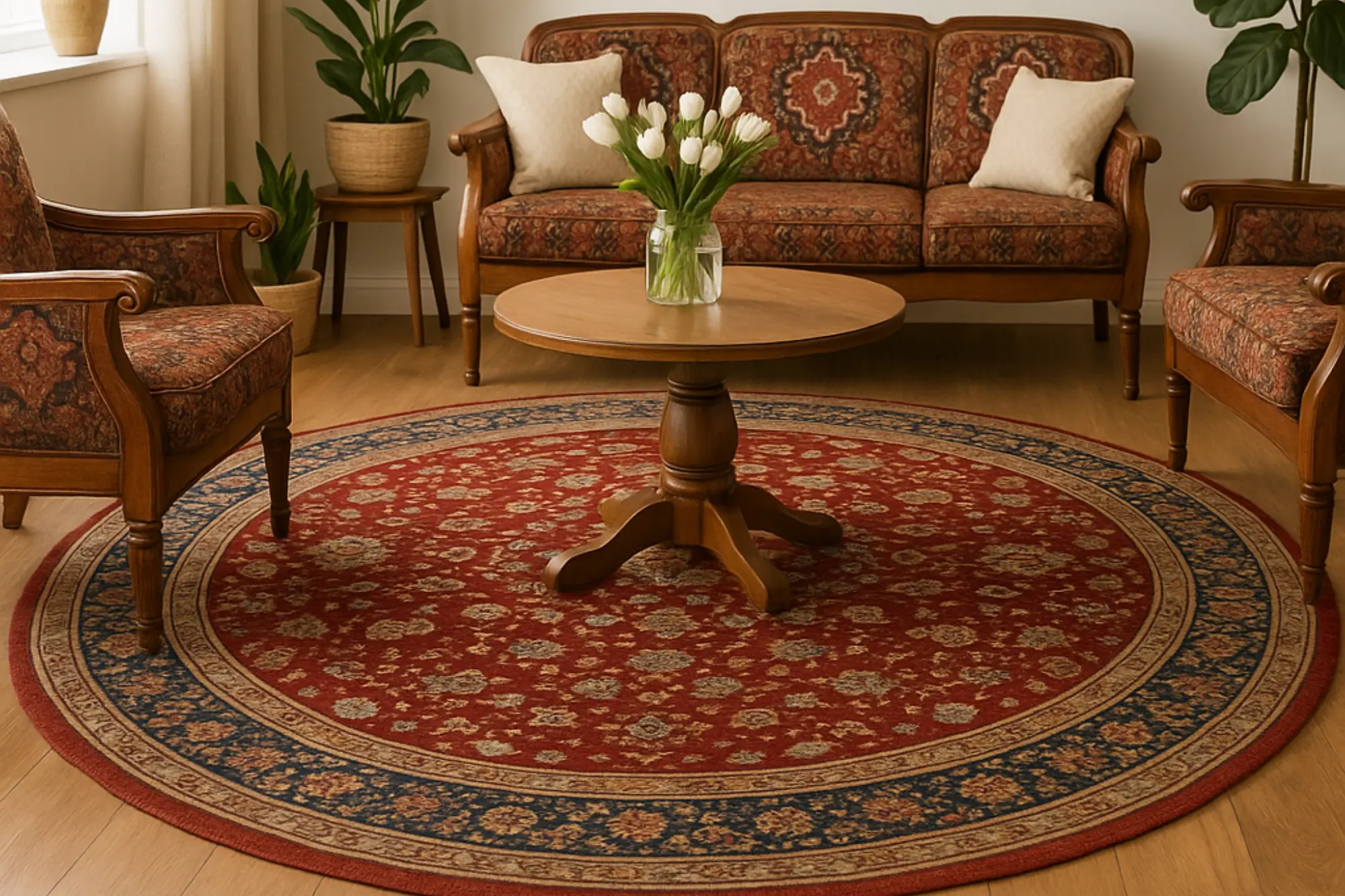 A warmly lit living room featuring a large round red Persian rug with intricate floral patterns, surrounded by traditional wooden Persian-style furniture, potted plants, a wooden coffee table with a vase of tulips, and soft spring-inspired decor.