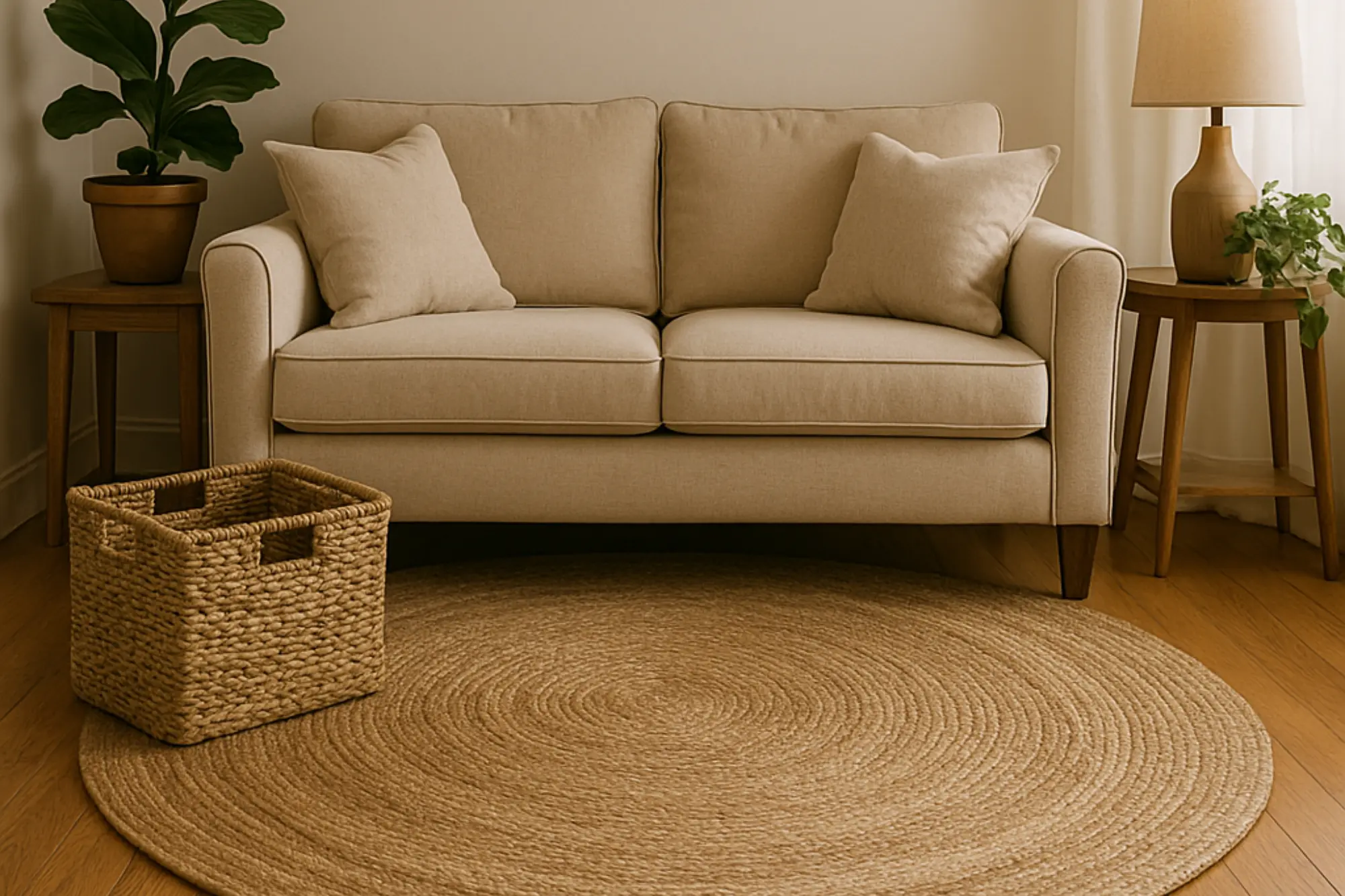 A light-filled living room featuring a round jute rug beneath a beige linen sofa, accented with soft white curtains, wooden side tables, a woven storage basket, and lush green plants, creating a fresh, organic spring atmosphere.