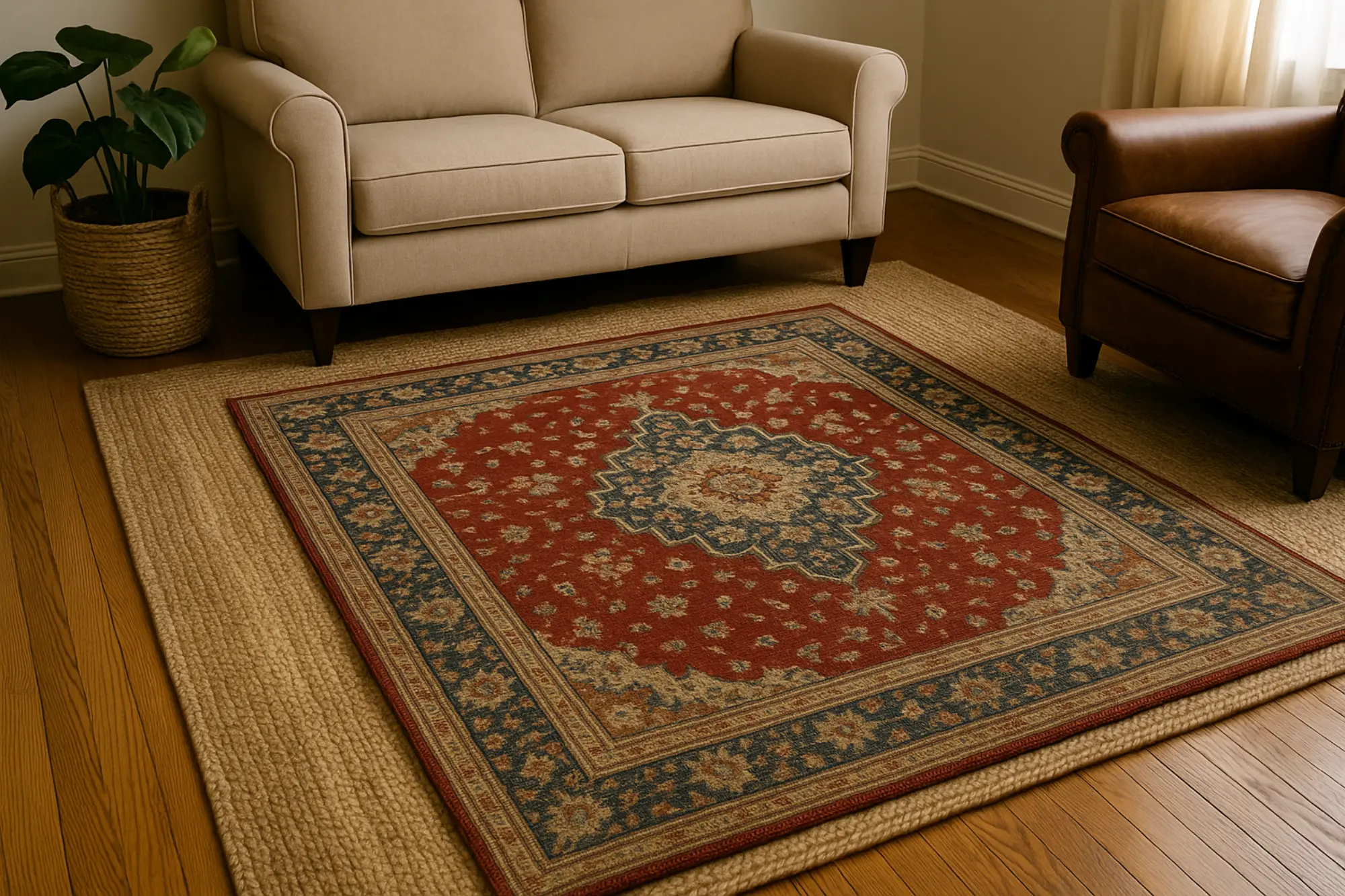 A cozy, well-lit living room featuring a layered rug setup with a vintage red Persian rug placed over a larger natural jute rug, complemented by a beige sofa, leather armchair, and potted plant, showcasing a warm blend of traditional texture and sustainable style.