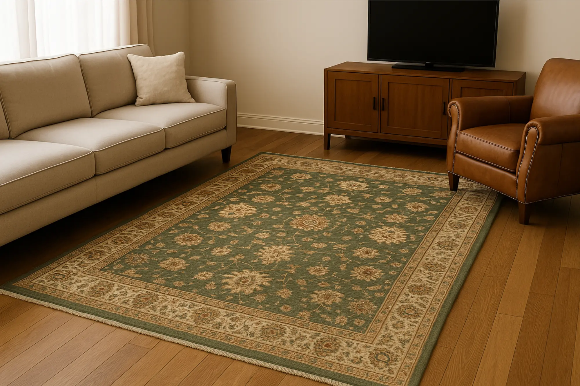 A modern living room with hardwood floors featuring a large green Persian floral rug as the centerpiece, surrounded by a beige sofa, a brown leather armchair, a mid-century wood media console, and soft natural light filtering through ivory curtains.