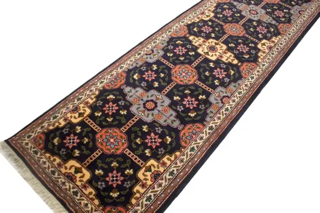 A long black rug with a pattern on it  Description automatically generated