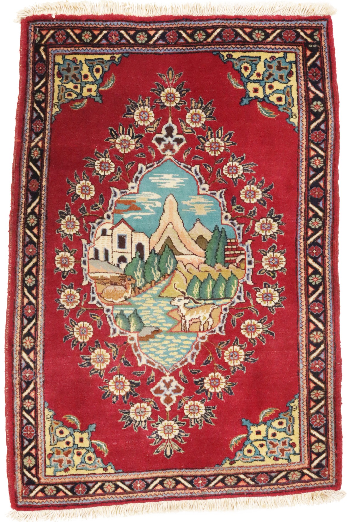 Vintage Pictorial Red 2'7X4'2 Tabriz Persian Rug