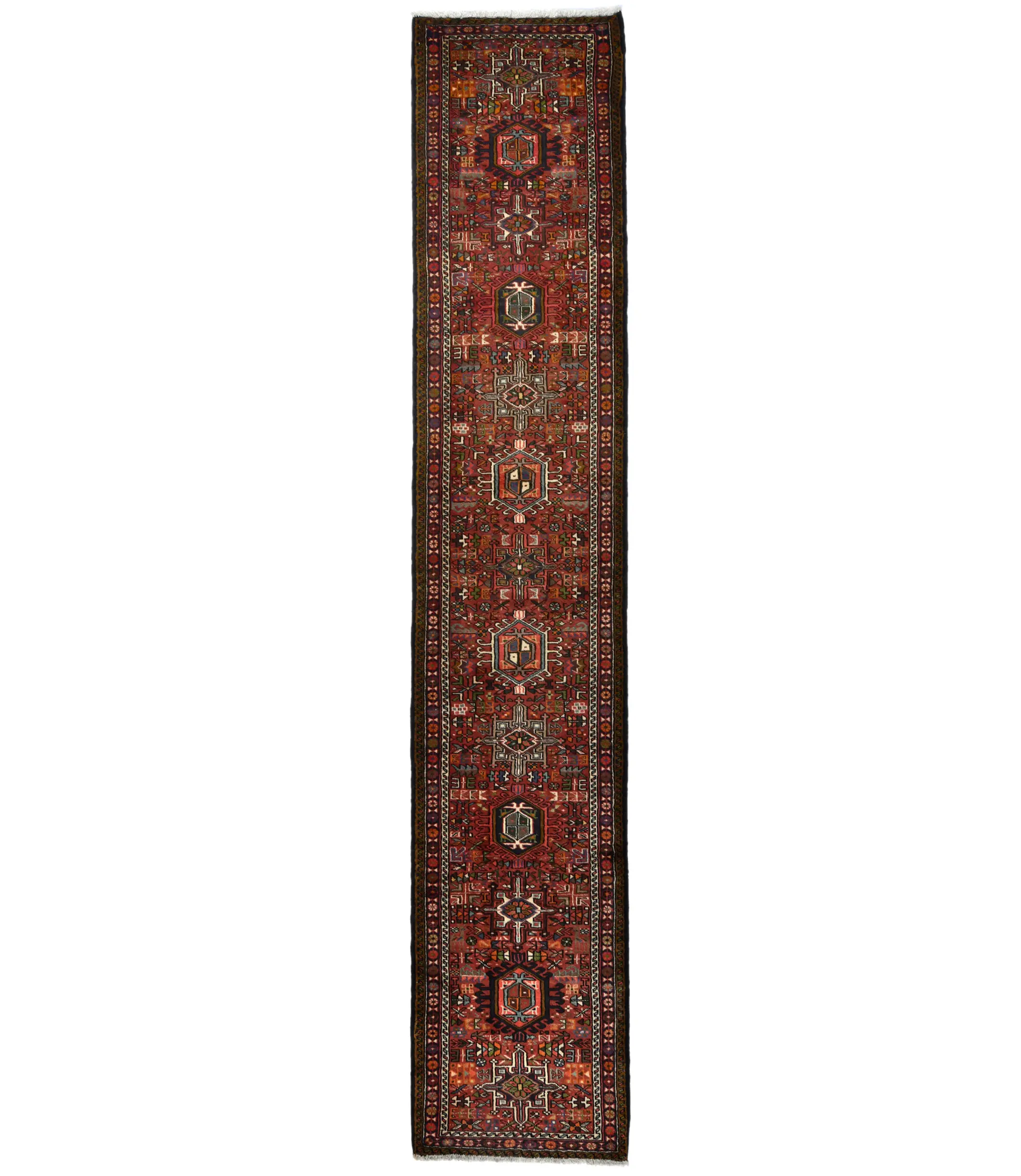 Vintage Rusty Red Geometric 2'5X13 Karajeh Persian Runner Rug