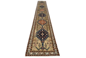 Vintage Beige Geometric 3X18 Ardebil Persian Runner Rug