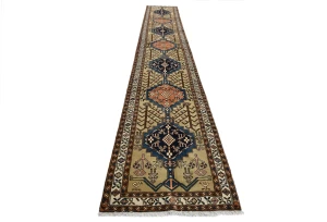 Vintage Beige Geometric 3X18 Ardebil Persian Runner Rug
