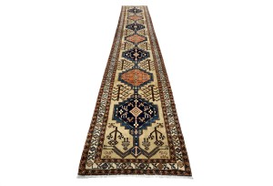 Vintage Beige Geometric 3X18 Ardebil Persian Runner Rug