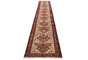 Vintage Cream Geometric 2'5X13 Karajeh Persian Runner Rug