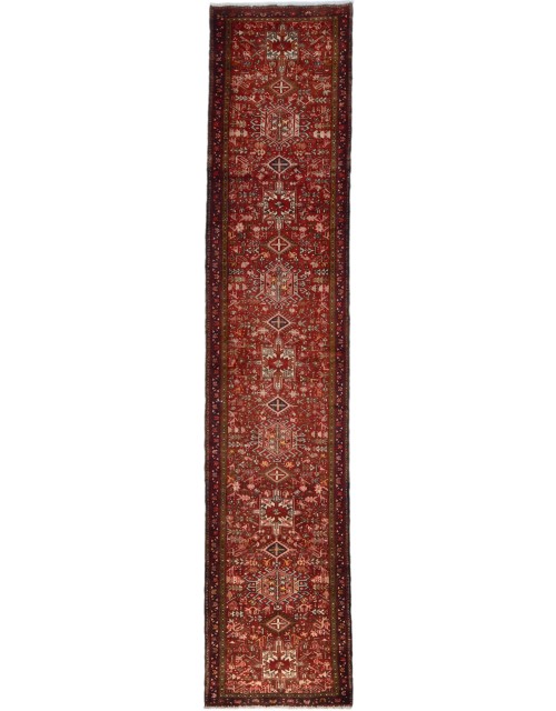 Vintage Red Geometric 3X14 Karajeh Persian Runner Rug