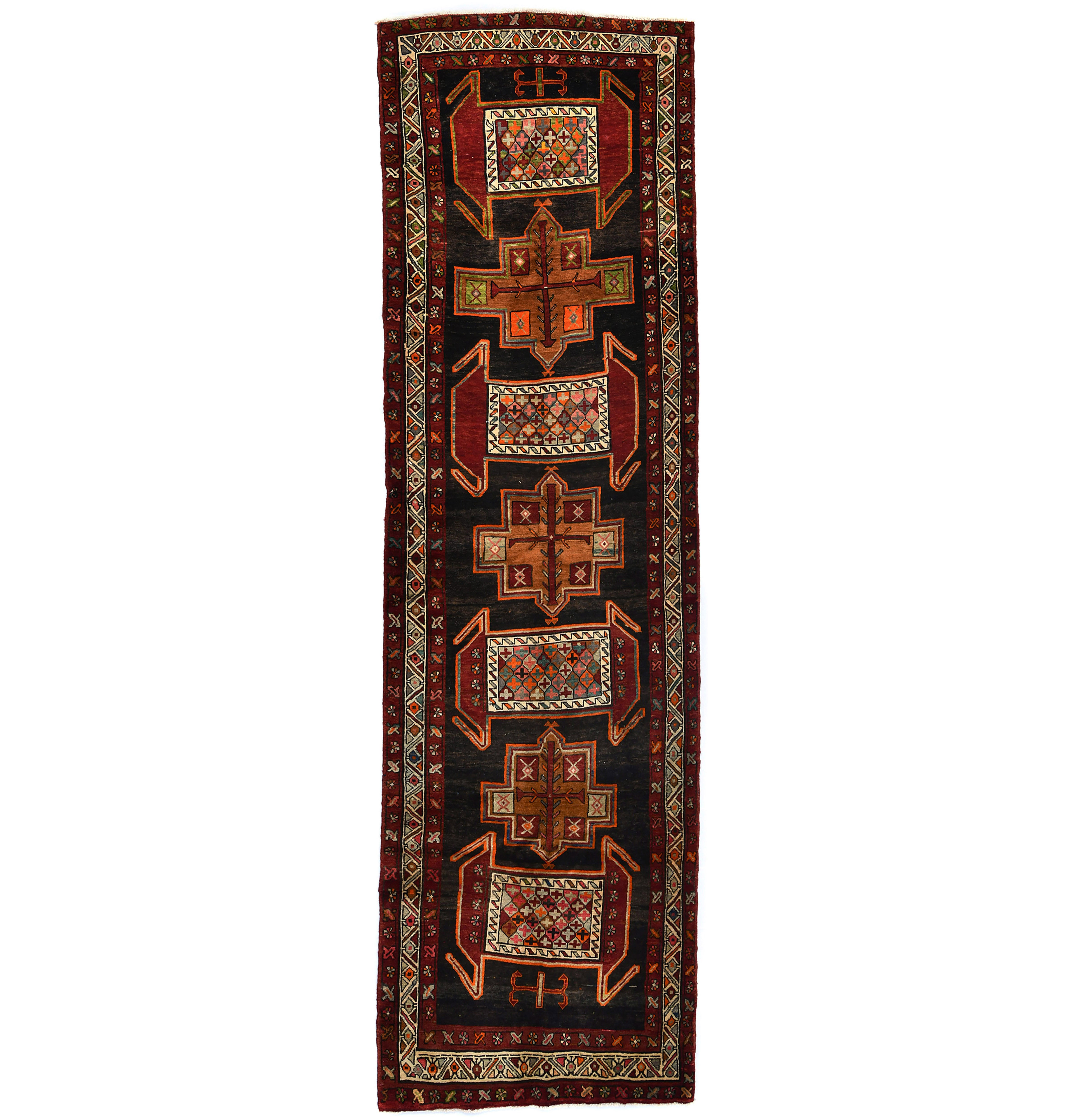 Vintage Tribal Geometric 4X13 Meshkin Persian Runner Rug
