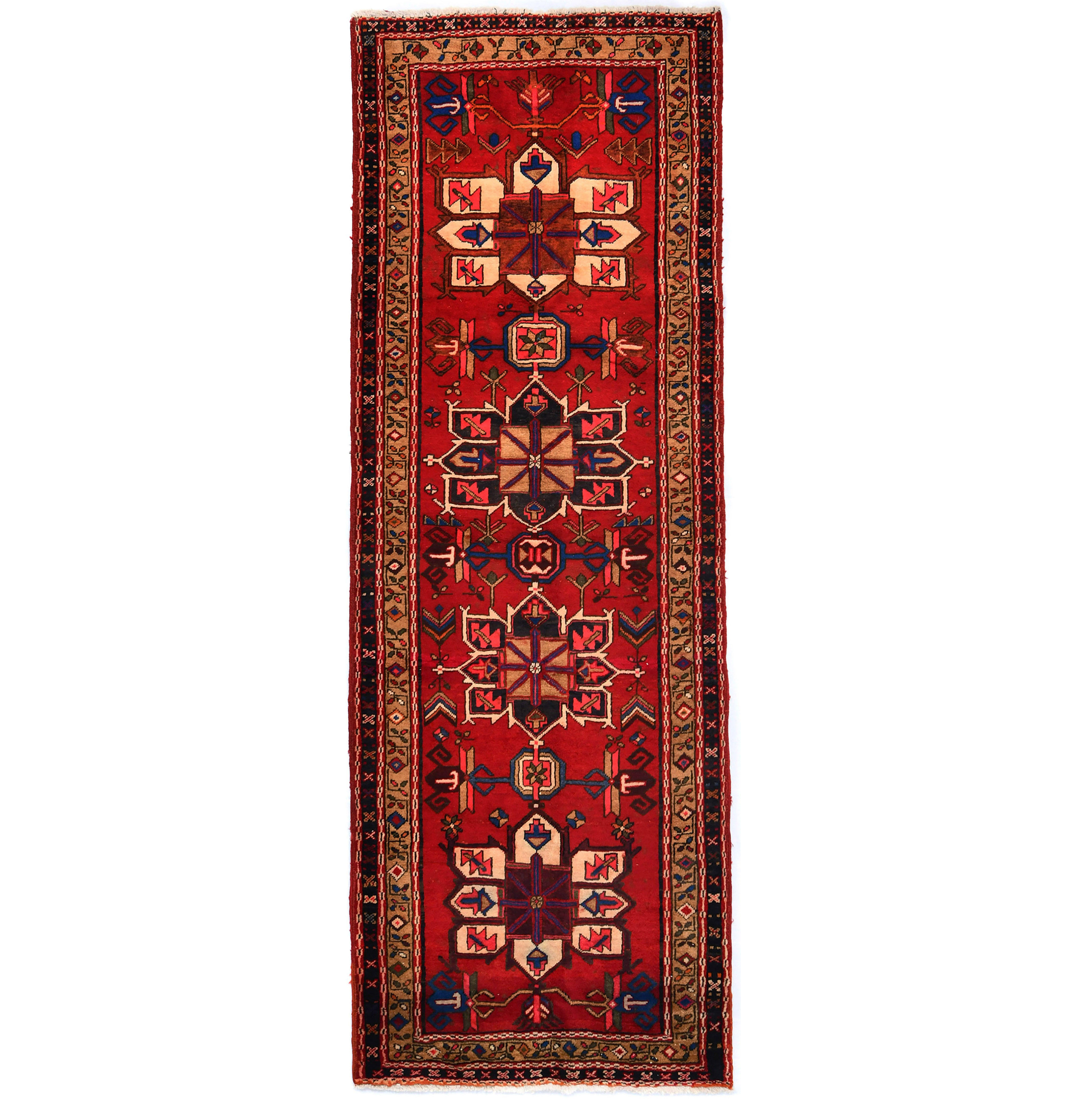 Vintage Red Geometric 3'6X9'9 Meshkin Persian Runner Rug