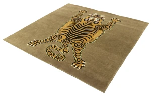 Tiger Khaki Tribal Pictorial 6X6 Fine Nepali Oriental Square Rug