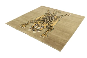 Tiger Khaki Tribal Pictorial 6X6 Fine Nepali Oriental Square Rug