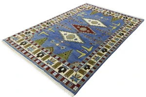Blue Geometric 6X9 Kazak Oriental Rug