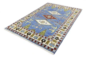 Blue Geometric 6X9 Kazak Oriental Rug