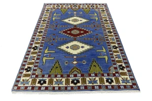 Blue Geometric 5X8 Kazak Oriental Rug