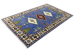 Blue Geometric 5X8 Kazak Oriental Rug