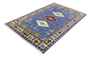 Blue Geometric 5X8 Kazak Oriental Rug