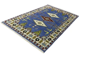 Blue Geometric 6X9 Kazak Oriental Rug