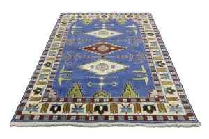 Blue Geometric 6X9 Kazak Oriental Rug