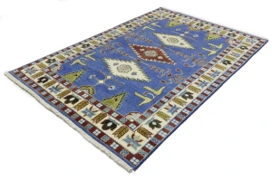 Blue Geometric 6X9 Kazak Oriental Rug