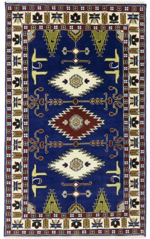 Navy Blue Geometric 5X8 Kazak Oriental Rug