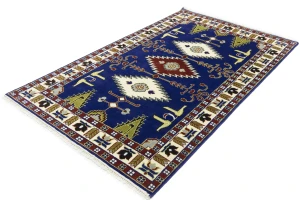 Navy Blue Geometric 5X8 Kazak Oriental Rug