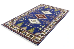 Navy Blue Geometric 5X8 Kazak Oriental Rug