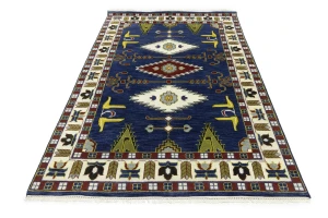 Navy Blue Geometric 6X9 Kazak Oriental Rug