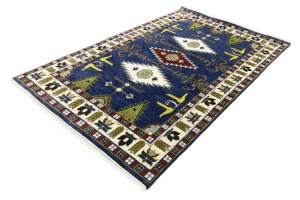 Navy Blue Geometric 6X9 Kazak Oriental Rug