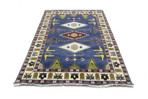 Navy Blue Geometric 6X9 Kazak Oriental Rug