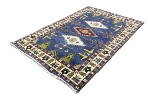 Navy Blue Geometric 6X9 Kazak Oriental Rug