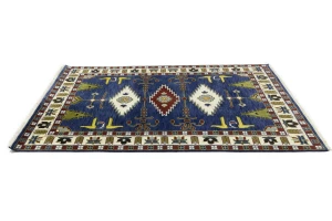 Navy Blue Geometric 6X9 Kazak Oriental Rug