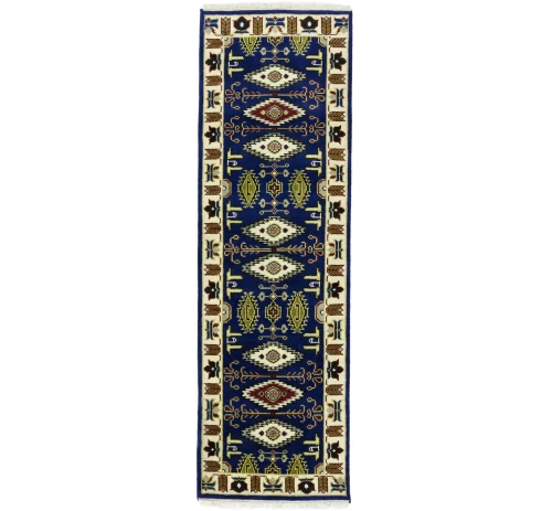 Navy Blue Geometric 3X8 Kazak Oriental Runner Rug