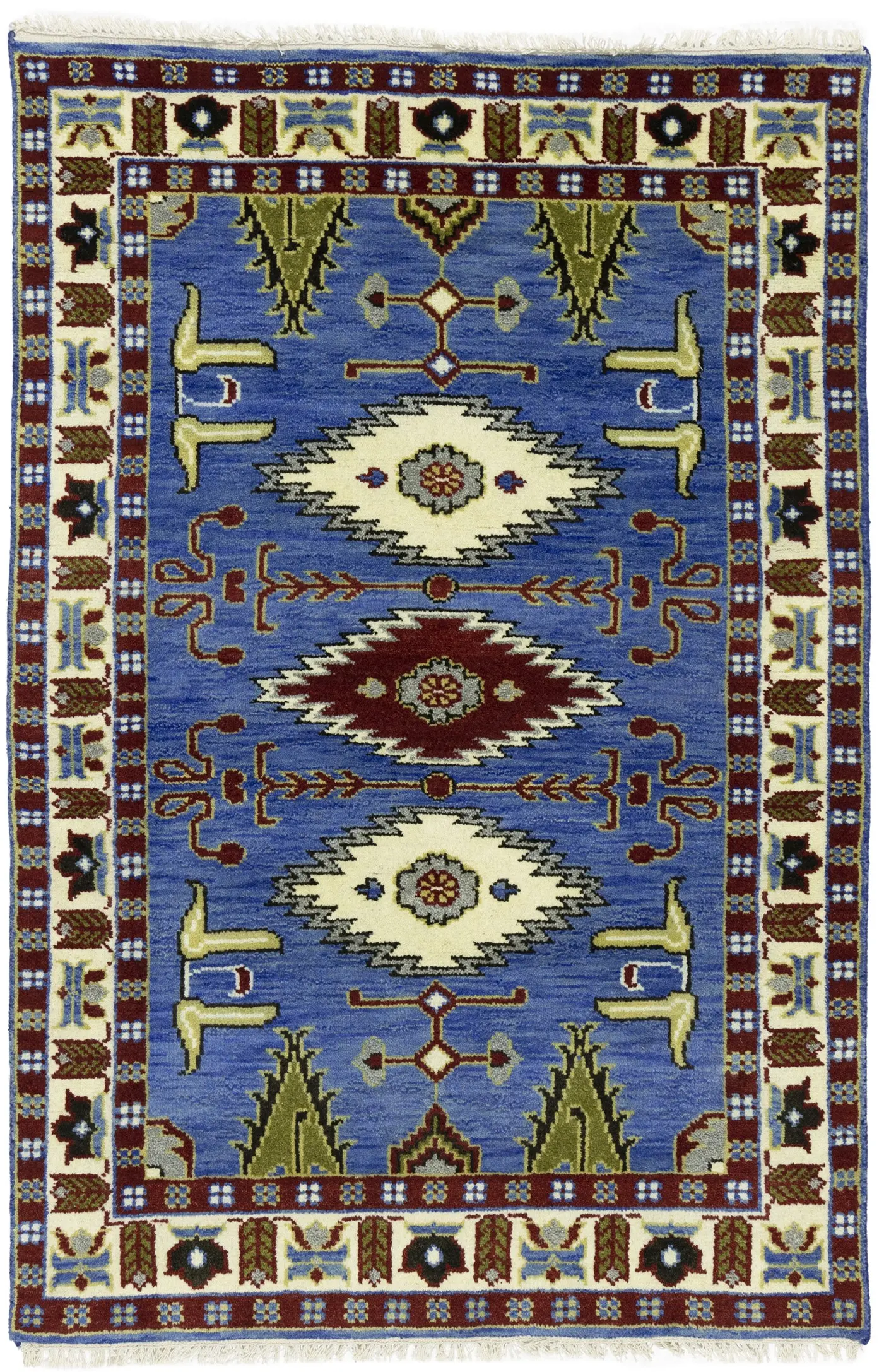 Blue Geometric 4X6 Kazak Oriental Rug
