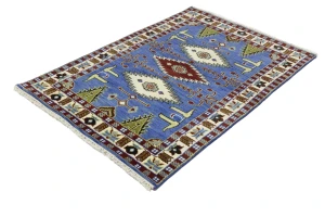 Blue Geometric 4X6 Kazak Oriental Rug