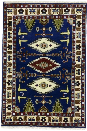 Navy Blue Geometric 4X6 Kazak Oriental Rug