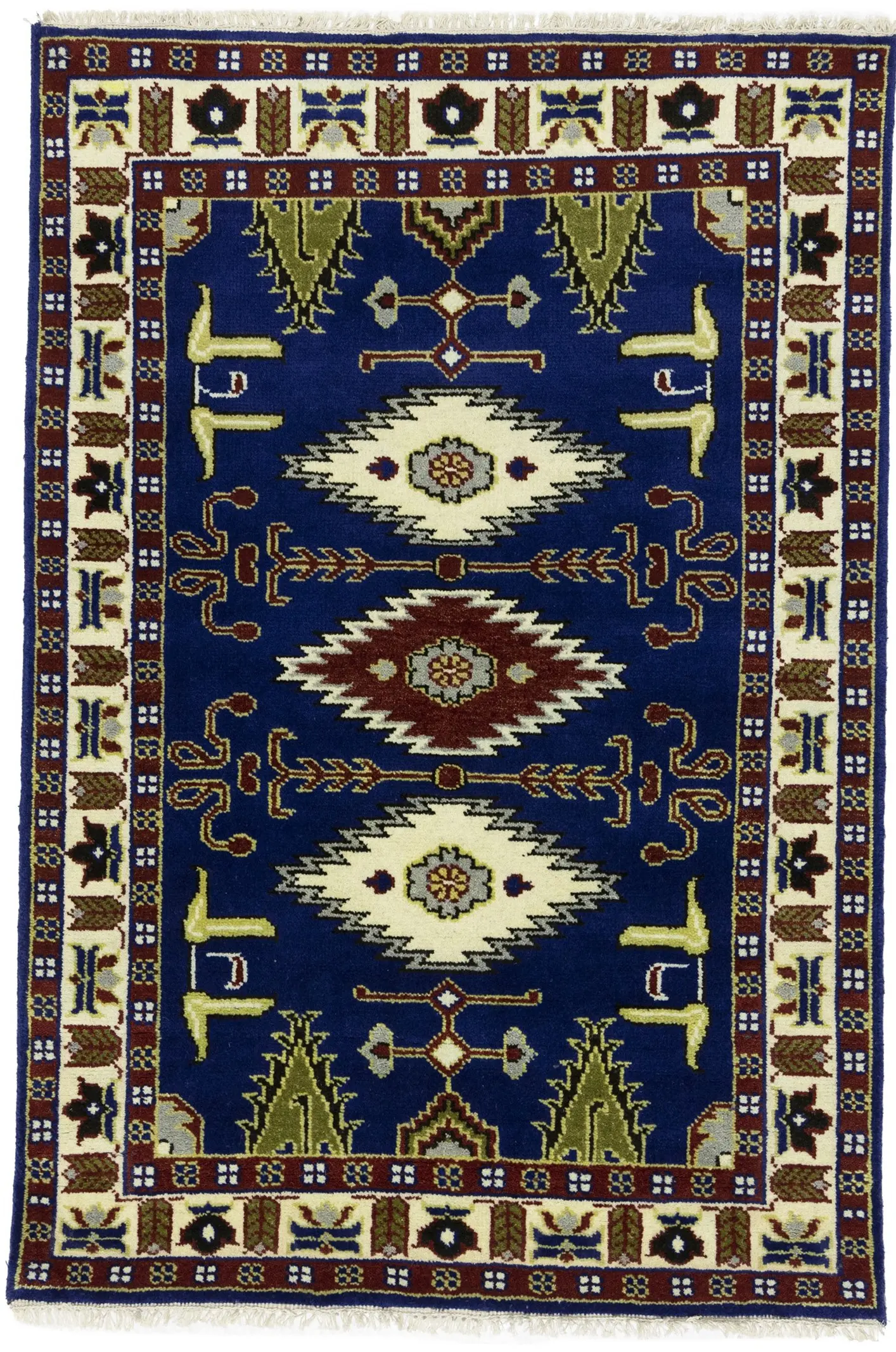 Navy Blue Geometric 4X6 Kazak Oriental Rug