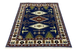 Navy Blue Geometric 4X6 Kazak Oriental Rug