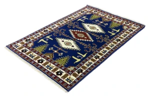 Navy Blue Geometric 4X6 Kazak Oriental Rug