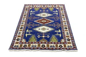 Navy Blue Geometric 4X6 Kazak Oriental Rug