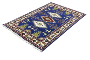 Navy Blue Geometric 4X6 Kazak Oriental Rug