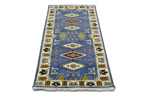 Blue Geometric 3X6 Kazak Oriental Rug