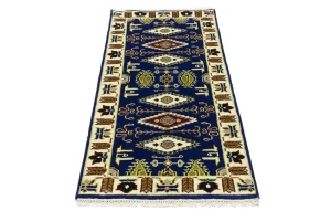 Navy Blue Geometric 3X6 Kazak Oriental Rug