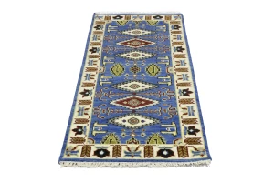 Blue Geometric 3X6 Kazak Oriental Rug
