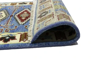 Blue Geometric 3X10 Kazak Oriental Runner Rug