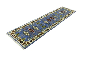 Blue Geometric 3X10 Kazak Oriental Runner Rug