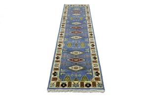 Blue Geometric 3X10 Kazak Oriental Runner Rug