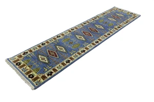 Blue Geometric 3X10 Kazak Oriental Runner Rug